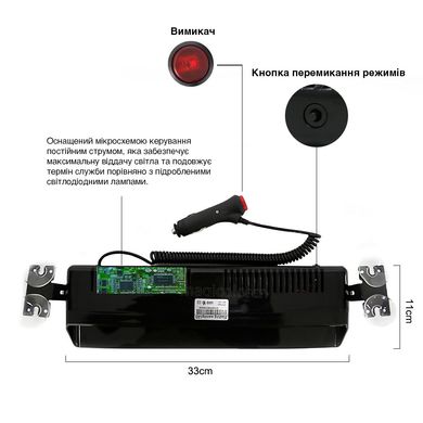 Проблисковий LED-маячок на 12 діодів 9V-80V (265х100х60 мм) до прикурювача червоне-синє світло