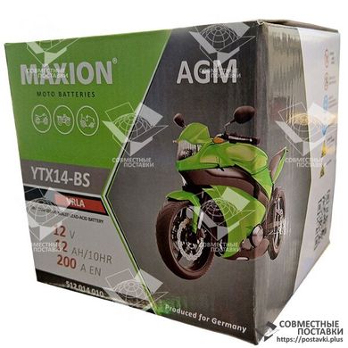 Аккумулятор гелевый Maxion YTX14-BS 12 В 12 Ач 200 А для мотоциклов, квадроциклов AGM Technology + электролит