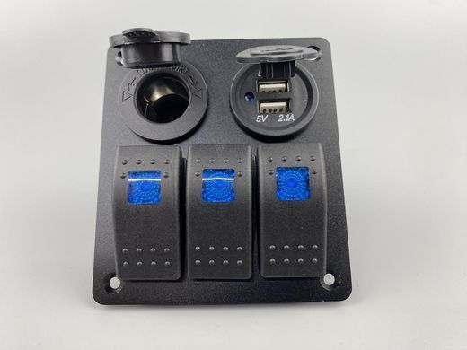 Панель перемикання на 3 кнопки з USB, вольтметр та розетка