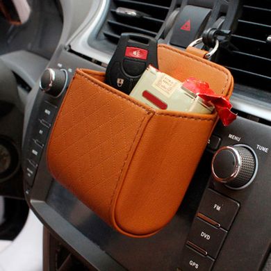 Органайзер в авто из эко-кожи подвесной на дефлектор 12х9х5 см для телефона, очков, мелочей  коричневый